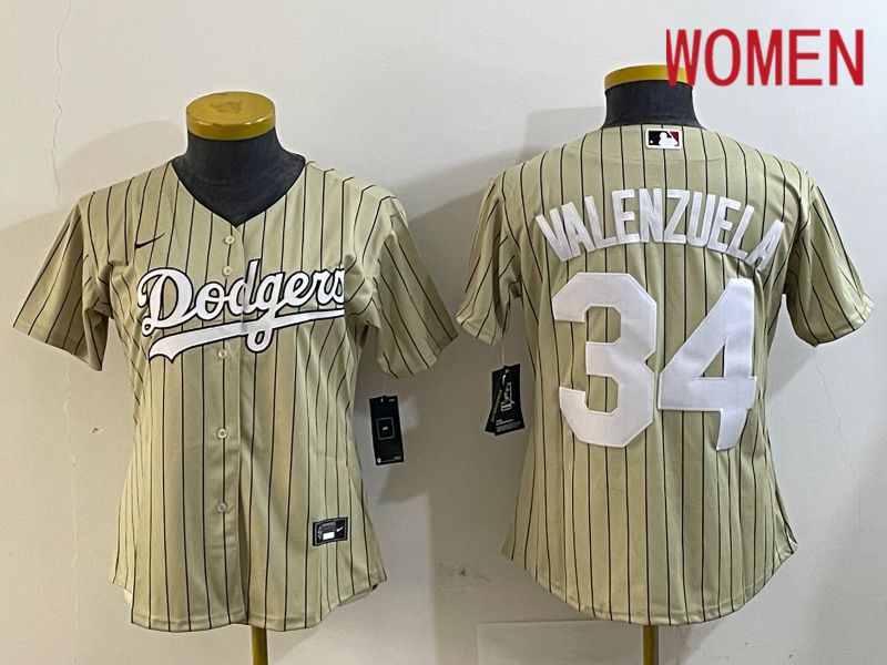 Women Los Angeles Dodgers #34 Valenzuela Green Stripe Game 2024 Nike MLB Jersey style 1